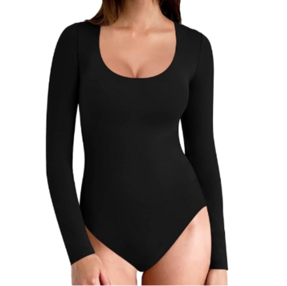 MANGOPOP Women Scoop Neck Long Sleeve Bodysuit Double Lined Basic T Shirts Tops